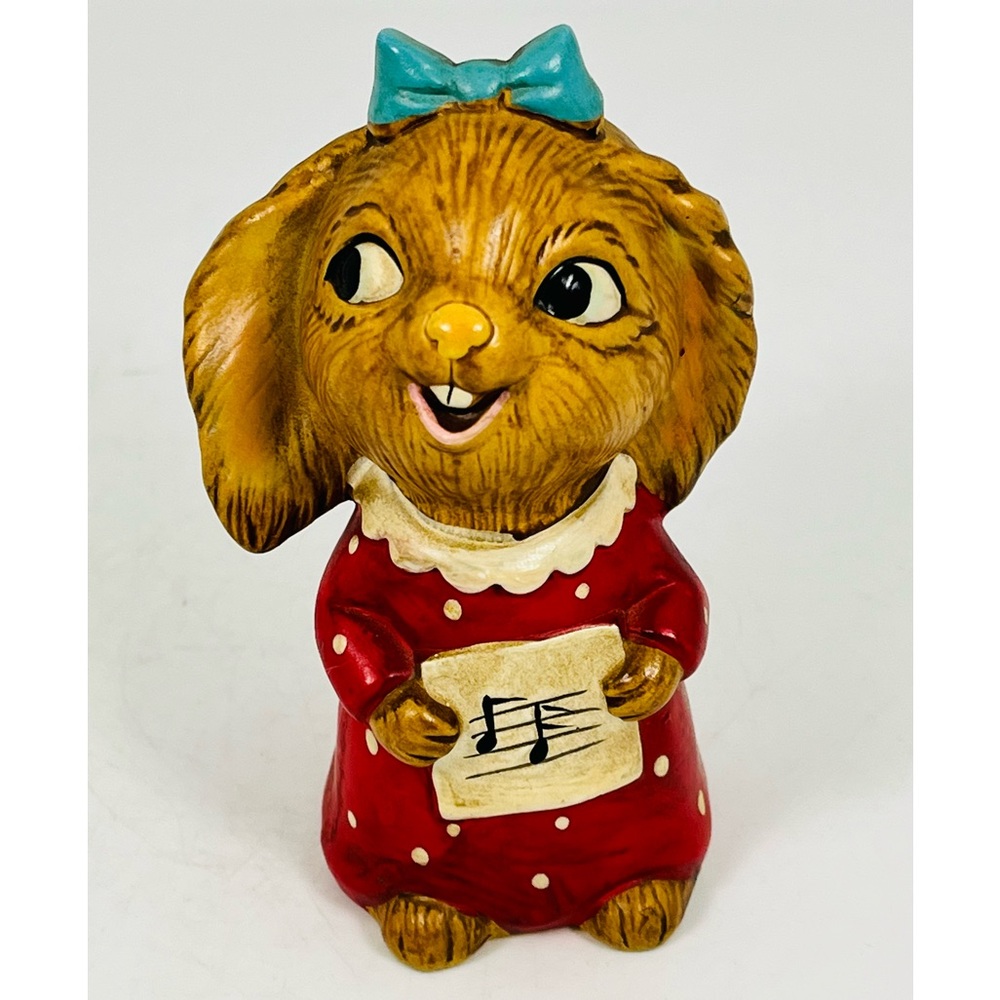 Ceramic Bunny Rabbit Girl W/Red Dress And Music Sheet Hand Painted Figurine